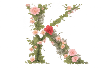 Floral letter K, beautiful flower arrangement on a transparent background