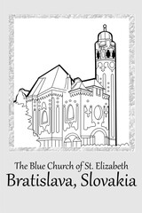 Naklejka premium CIMAHI, INDONESIA-January 02, 2026-The blue church of Saint Elizabeth Bratislava, Slovakia. Vector graphic design cartoon building illustration for poster, banner, travel card, and other.