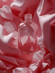 A clear, empty glass bottle is adorned with a decorative bow. The lighting creates strong shadows inside the bottle, highlighting the glossy texture of the glass.