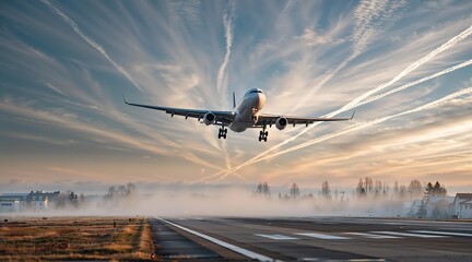 Commercial airplane taking off from a runway at dawn or dusk, with wispy clouds and contrails in the sky. Global travel and transport concept.