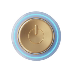 3D golden power button icon with cyan blue neon ring and glossy surface. Modern minimalist on-off symbol with holographic edges isolated on transparent background for digital UI design.