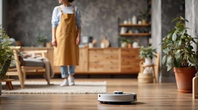 Robot vacuum cleaner cleaning floor while woman in apron standing in modern house. Smart home technology for efficient chore performance and convenience.