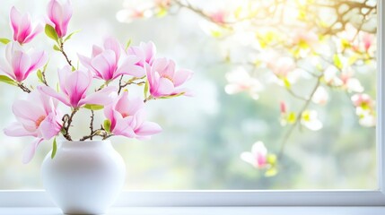 Pink magnolia flowers in vase on windowsill