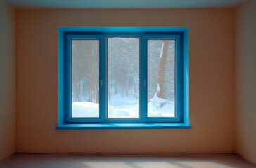 Fototapeta premium Snowy forest view through modern blue window in empty room