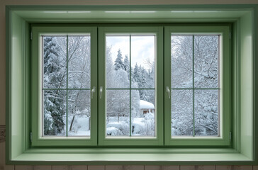 Snowy landscape viewed through green framed window