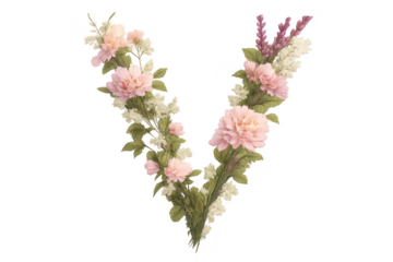 Floral Letter V design with transparent background for creative projects.