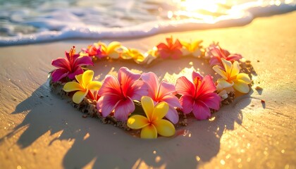 A heartfelt arrangement of vibrant tropical flowers forming a symbol of love on a sun-kissed sandy beach, illuminated by the warm golden glow of a tranquil sunset with gentle ocean waves