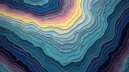 層状の色彩と金のラインが美しい抽象的なトポグラフィック背景