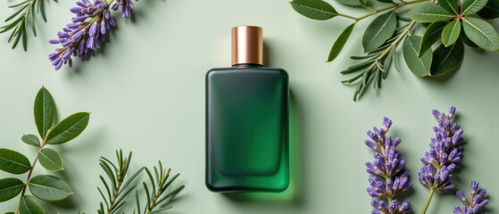 Elegant green perfume bottle surrounded by lavender and rosemary leaves, creating fresh and calming atmosphere