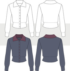 Women's polo collar cardigan technical fashion drawing, illustration. Long sleeve, fitted cardigan vector. Front and back view. CAD, mockup set.