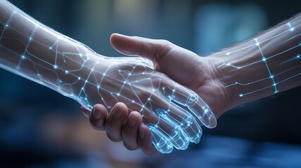 Human Hand Shaking with Digital Fiber Optic Hand Representing AI Partnership and Future Tech Connectivity