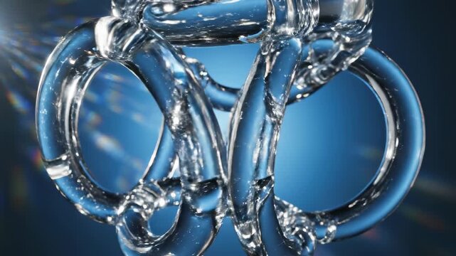 Interlocking transparent glass rings forming a complex geometric structure that smoothly oscillates on a vibrant azure background connection, perfect motion, structure