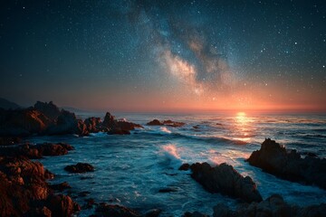 Milky Way over Oceanic Landscape at Night.