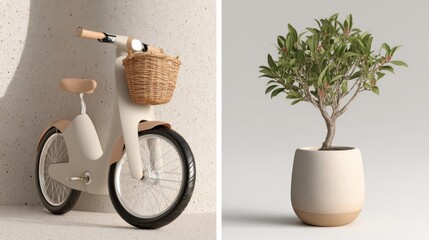 Miniature Bicycle and Potted Olive Tree.