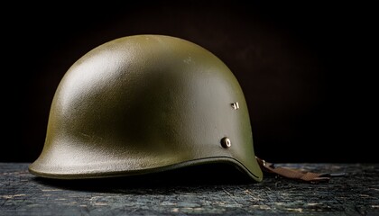 Fototapeta premium A Vintage Olive Green Military Helmet Rests On A Dark Textured Surface Against A Black Background
