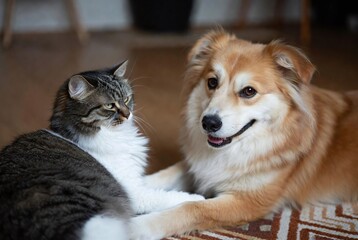 Adorable Pets Together: Smiling Dog and Orange Tabby Cat Enjoy Cuddle Time in Living Room