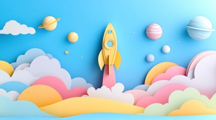 Rocket launching into pastel sky illustration