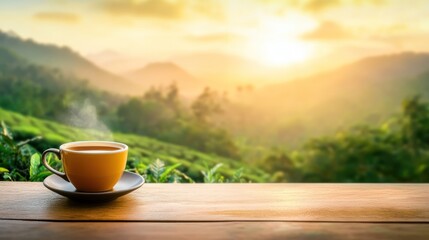 Sunrise tea on wooden table in tea plantation