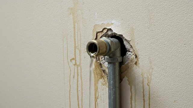 Close-up of a leaking water pipe inside a wall, showing moisture damage and visible damp. Repair and maintenance - Plumber