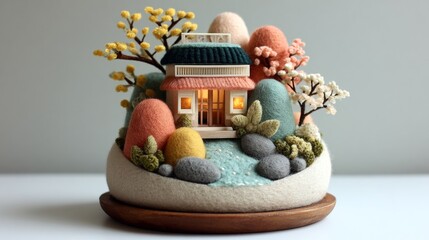 Miniature house model with trees and eggs.