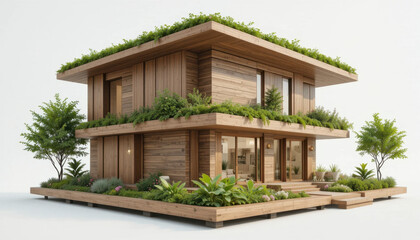 Modern eco friendly house with green roof and wooden exterior, surrounded by lush plants and trees, showcasing sustainable architecture and natural design elements