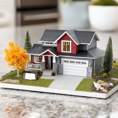Miniature Model House on Marble Surface.