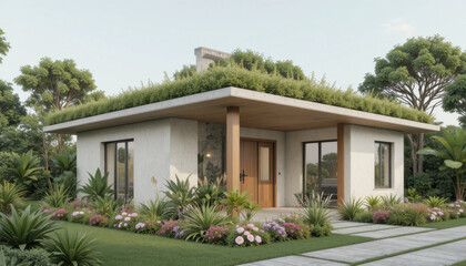 Modern eco friendly house with green roof surrounded by lush landscaping and vibrant flowers, creating serene and sustainable living environment