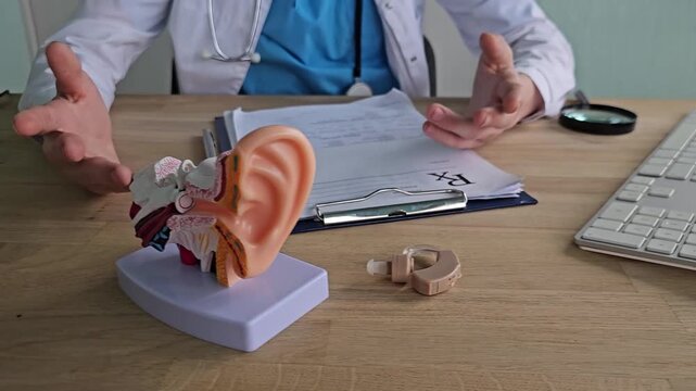 Doctor discusses ear anatomy and hearing aids with patient during consultation in clinic room