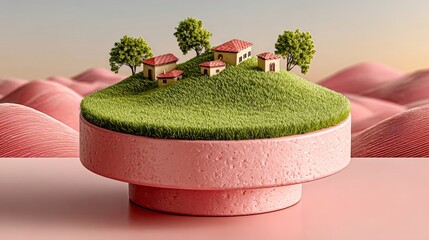 Miniature houses on a green island.