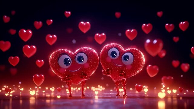 An AI-generated video of two happy red hearts dancing and celebrating together, surrounded by sparkling hearts and festive magic.