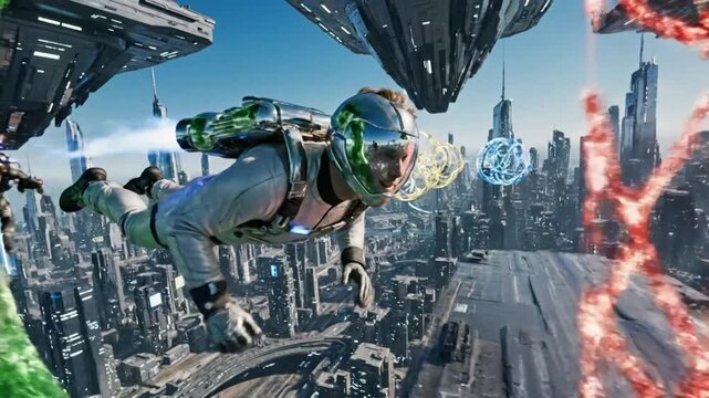 Futuristic urban skydiving: a man in a glossy helmet soars through a metropolis with sleek spaceships and glowing energy orbs