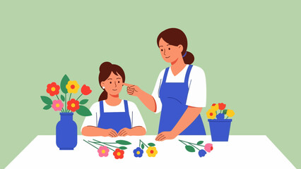 Two florists arranging colorful flowers on a white table together