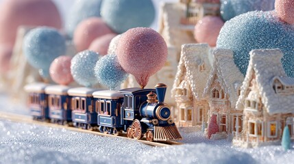 Miniature Train Chugging Through Snowy Village Scene.