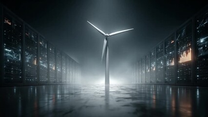 Wind turbine in data center with glowing servers - Powered by Adobe