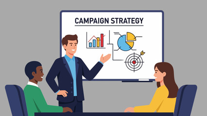 Business team discussing campaign strategy with graphs on screen