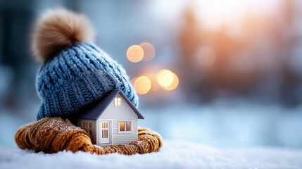Miniature house model in winter wearing knitted cap heating system concept with cold snowy weather residential warmth seasonal home comfort property insulation winter