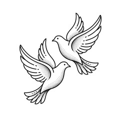 Obraz premium Two Flying Doves Line Art Illustration with Dot-work Shading Isolated on White Background
