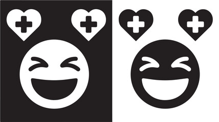 Smiling face with heart and cross icons in minimalist design with monochromatic color scheme on black and white background for emoticon or social media