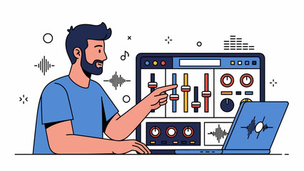 Man working on audio editing software on laptop in modern workspace