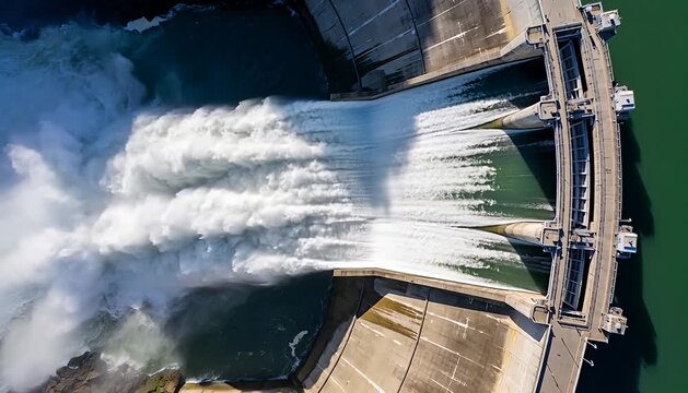 Massive water release from immense dam structure power generation source from above dam water, spillway.