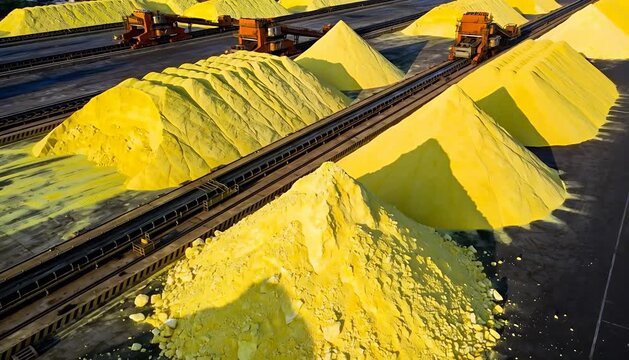 Vast industrial sulfur piles with conveyor systems industrial material storage storage facility, yellow.
