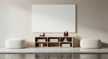 Minimalist spa scene: blank canvas, wooden shelf with towels, bottles, and poufs by pool Mockup, showcasing serenity and relaxation