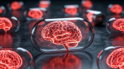 Futuralistic Human Brain Glowing Inside Glass Capsule on Reflective Surface for Cognitive Enhancement Concept