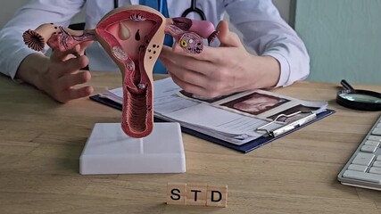 A gynecologist discusses sexually transmitted diseases using an anatomical model of the STD uterus. Sexually transmitted diseases caused by parasites in women