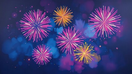 Vibrant fireworks explode in dark blue night sky with colorful bursts