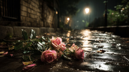 Roses on Wet Pavement at Night - Lost Love, Abandoned, Sadness, Urban Scene


