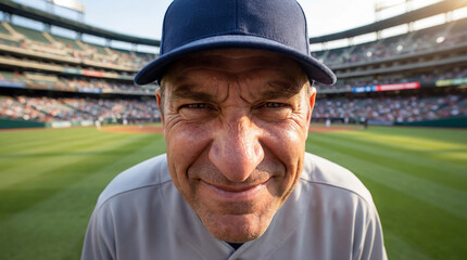 Comical wide-angle portrait of a baseball coach leaning very close to the camera