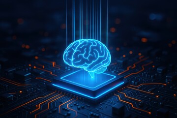 Brain and Circuit: Illuminated brain symbol rests atop a complex circuit board, symbolizing intelligence and technological innovation.