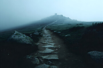 Misty foggy landscape with rugged path.