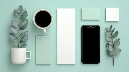 Minimalist workspace with coffee and smartphone on pastel background.